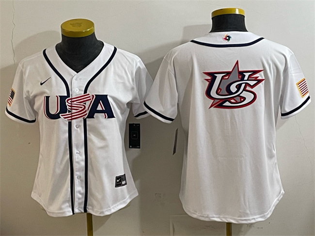 Women's USA Baseball White 2026 World Baseball Classic Big Logo Home Stadium Stitched Baseball Jersey(Run Small)
